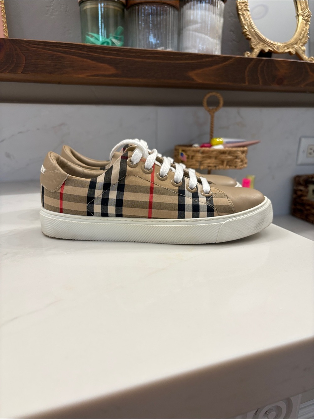 Burberry Tan Plaid Low-Top Sneakers with White Soles
